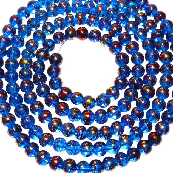 DIY Dark Blue 6mm Round Metallic Drawbench Swirl Glass Beads 32" Strand G2283 - Picture 1 of 1